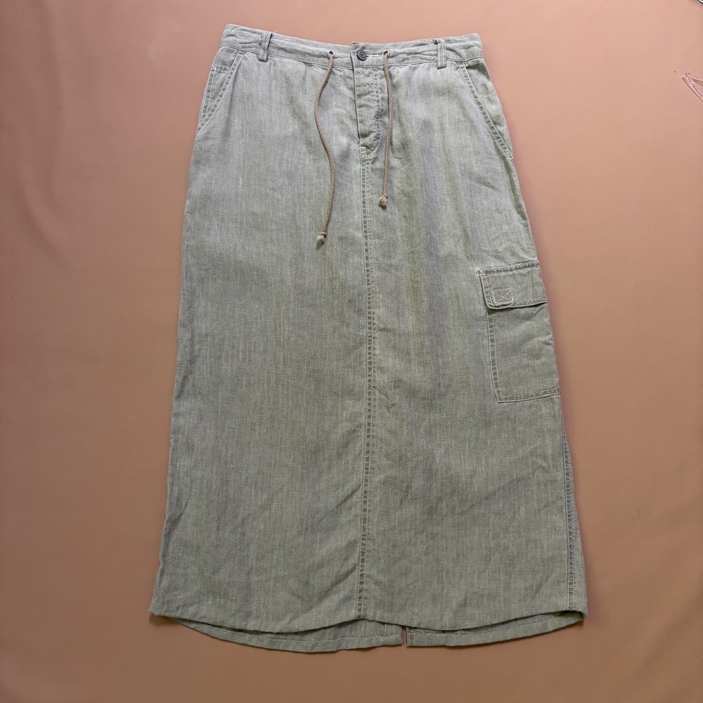 Vintage‎ American Eagle Linen Cargo Maxi Skirt Y2K Khaki Green Size 4 Hemmed